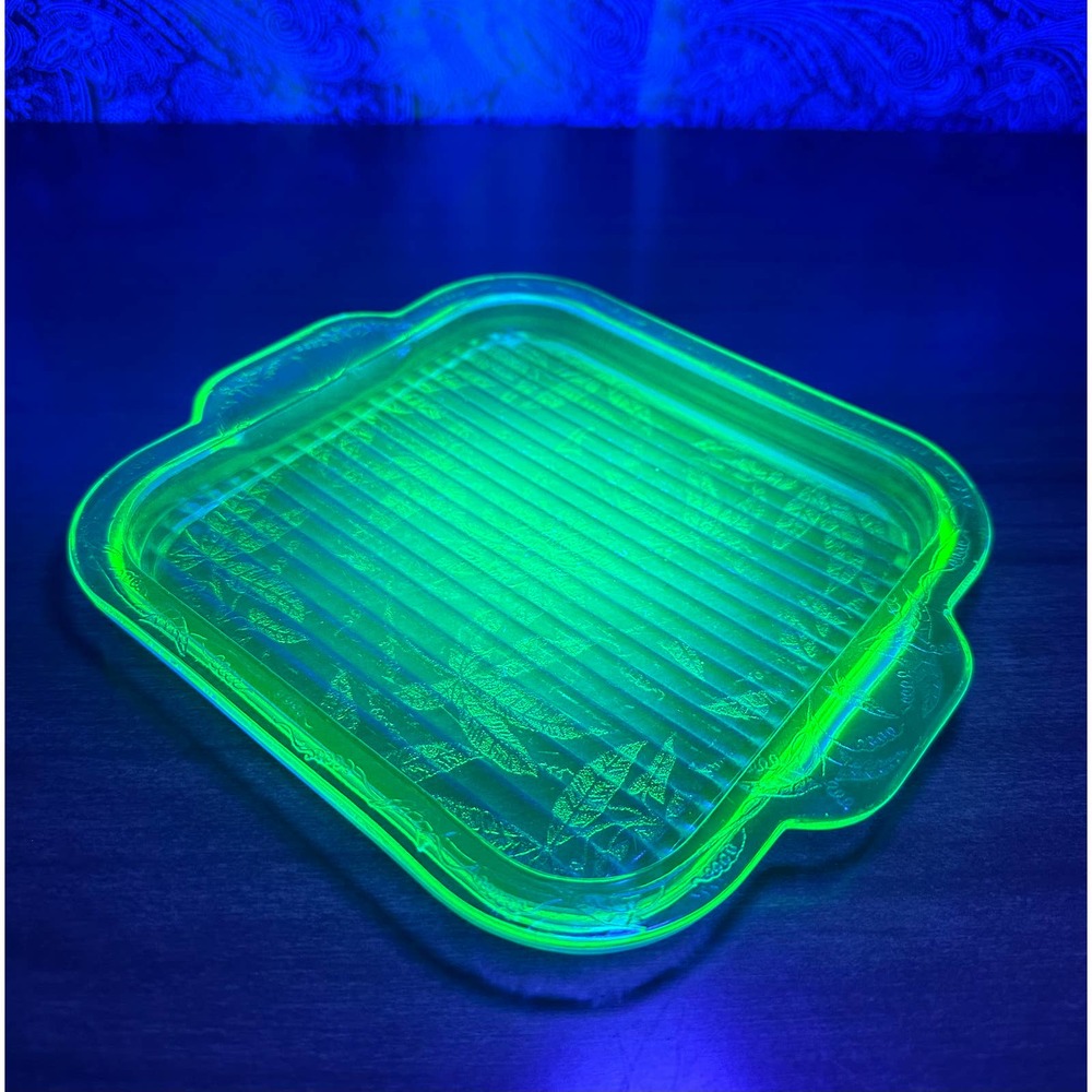 Vintage uranium glass handle square tray Floral green by Jeannette glass